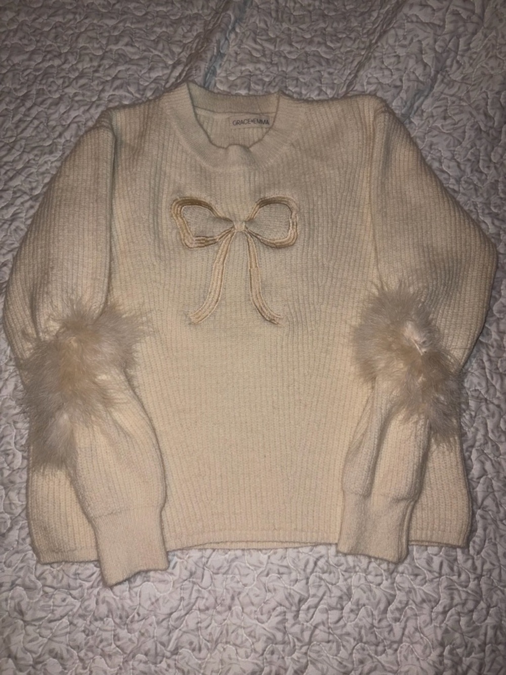 Grace & Emma Cream Bow-Front Crewneck Sweater with Feather Cuff Detail